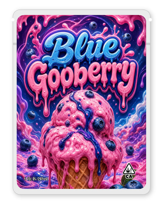 Blue gooberry custom 4"x5" mylar bag design (front)
