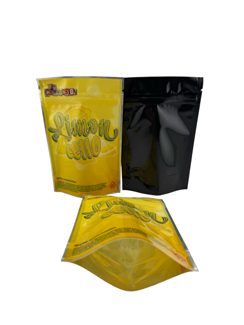 Limoncello retro 3.5g mylar bag by The Commission — front and back lineup with yellow lemon graphic design