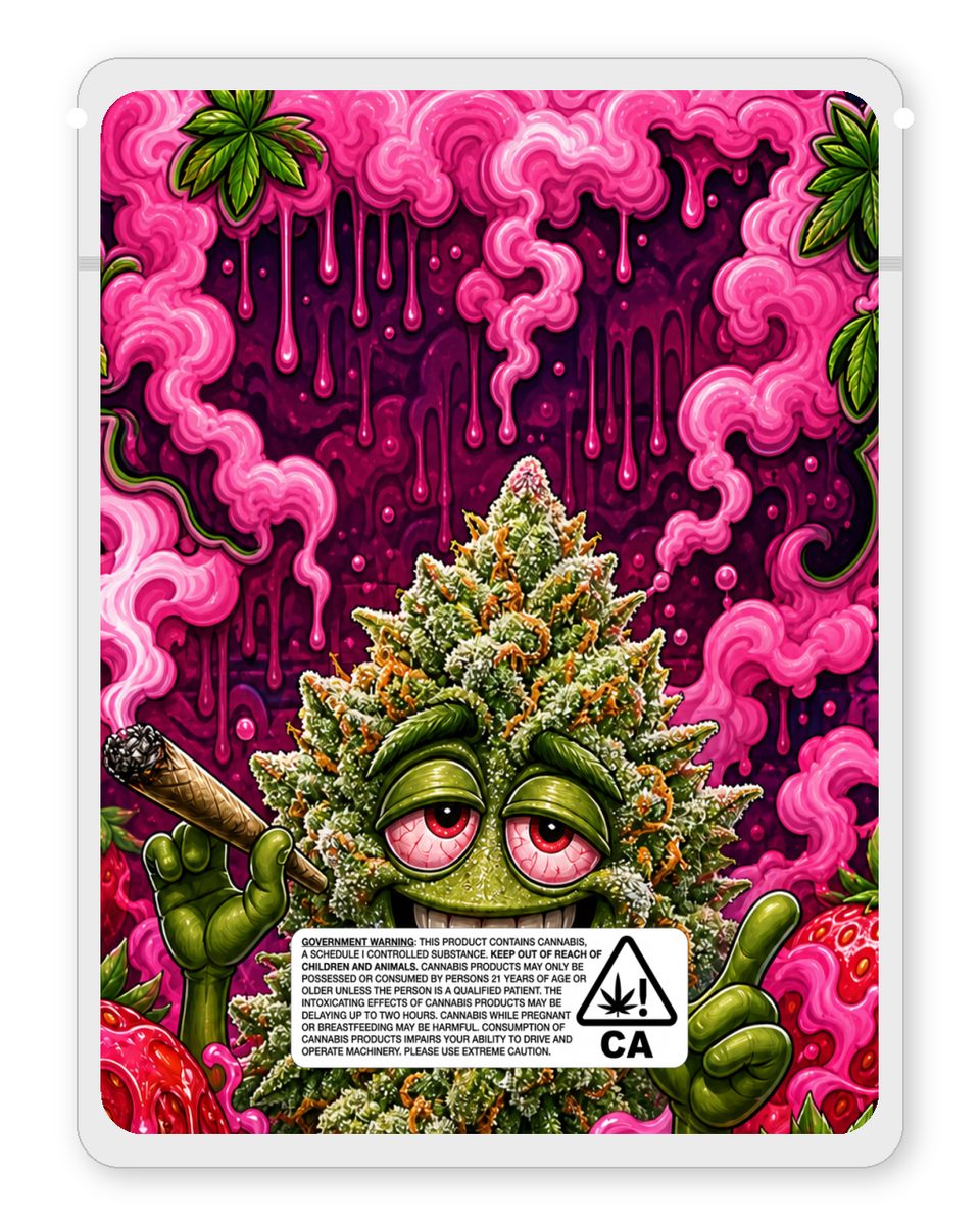 Strawberry Cough custom 4"x5" mylar bag design (back)