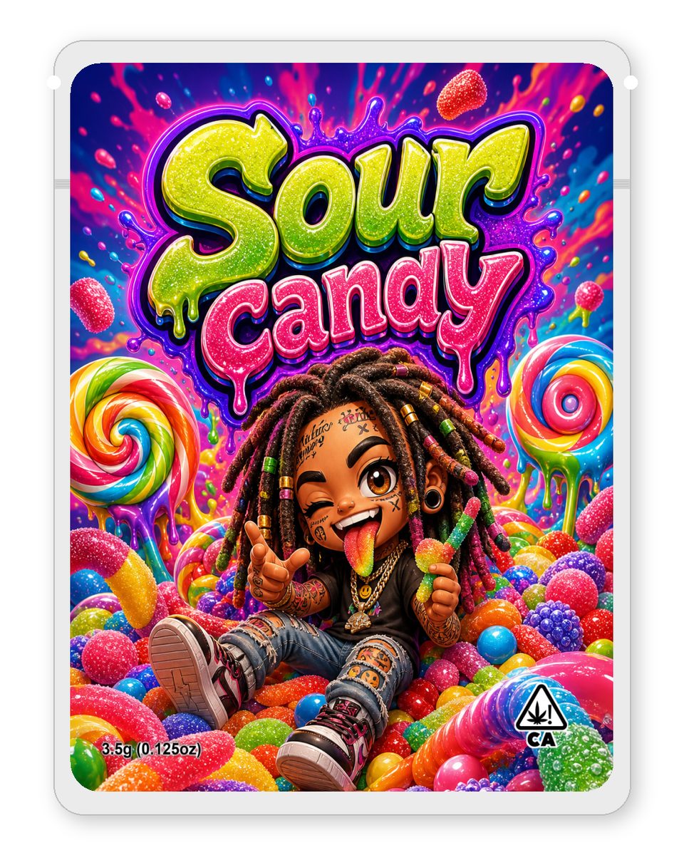 Sour candy custom 4"x5" mylar bag design (front)