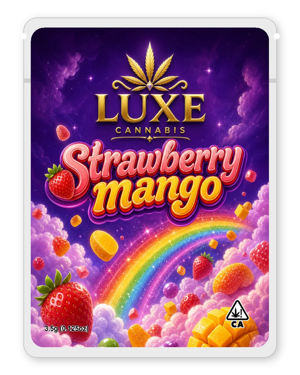 Strawberry mango custom 4"x5" mylar bag design (front)