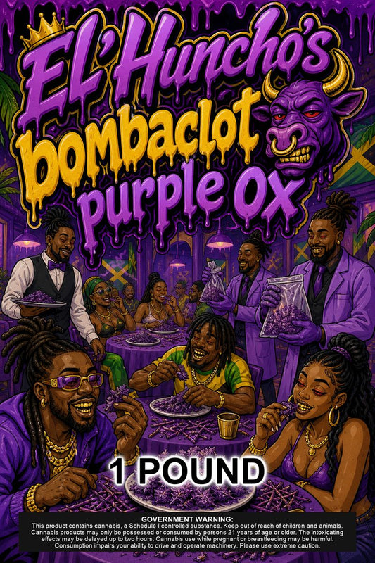 El'Huncho's bombaclot 🐮 purple ox custom 6x9 pound bag sticker / turkey-bag flavor label