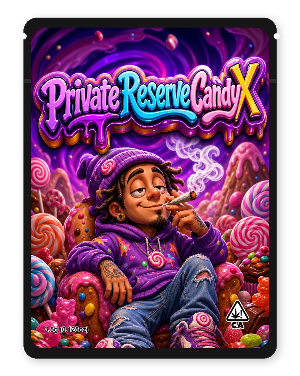 PrivateReserveCandyX custom 4"x5" mylar bag design (front)