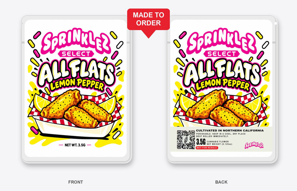 All Flats Lemon Pepper 3.5g Mylar Sticker Bags Sprinklez Select - Front and Back View, Made to Order