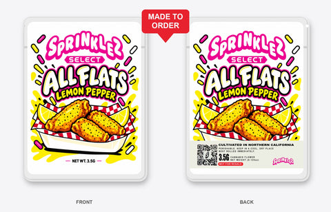 All Flats Lemon Pepper 3.5g Mylar Sticker Bags Sprinklez Select - Front and Back View, Made to Order