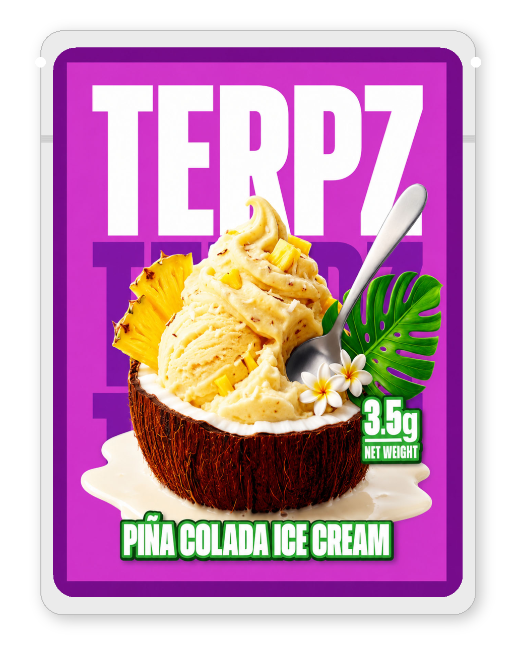 Piña Colada Ice Cream 3.5g mylar bag front — Terpz sticker format, purple-magenta background with coconut ice cream and tropical garnish artwork