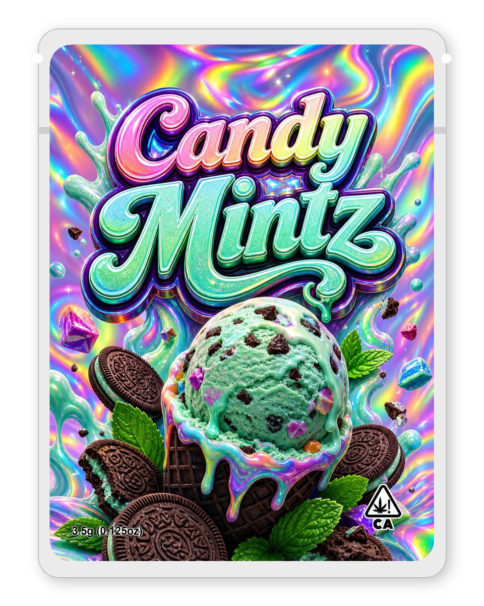 Candy Mintz custom 4"x5" mylar bag design (front)