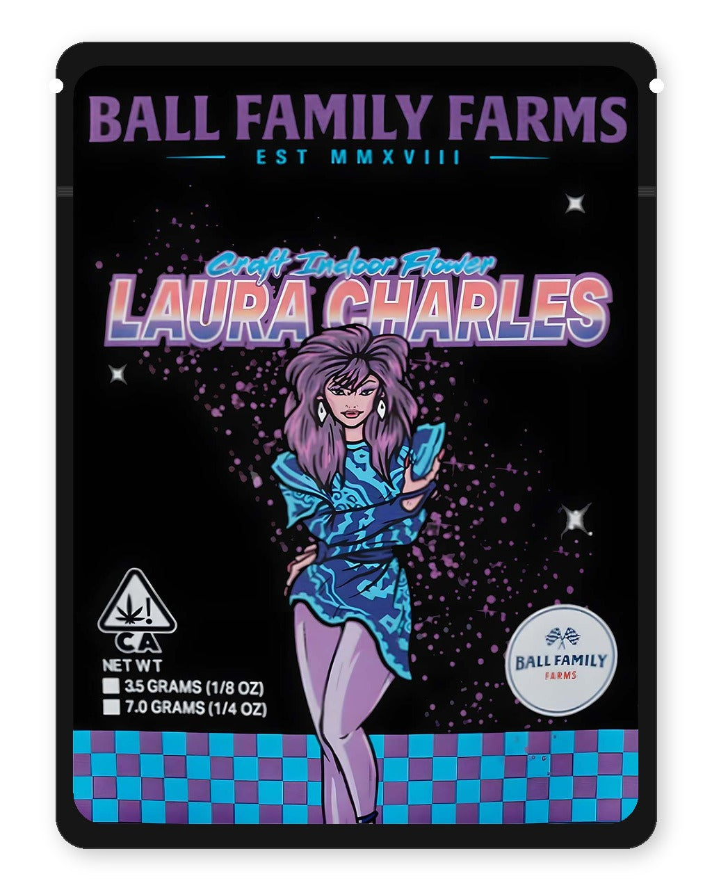Laura Charles 3.5g Mylar Sticker Bags Ball Family Farms - Front Design