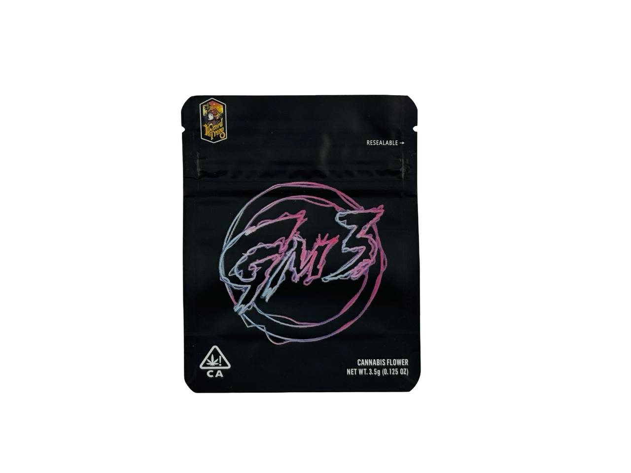 GM3 3.5g mylar bag front — matte black with neon pink-magenta-blue graffiti-script GM3 logo, Wizard Trees wizard mascot badge, child-resistant zipper