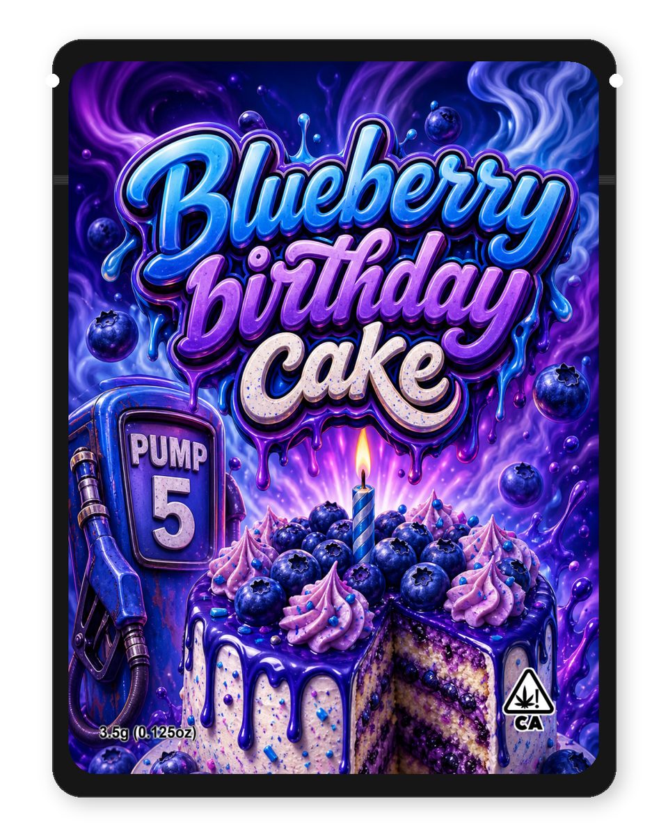 Blueberry birthday cake custom 4"x5" mylar bag design (front)