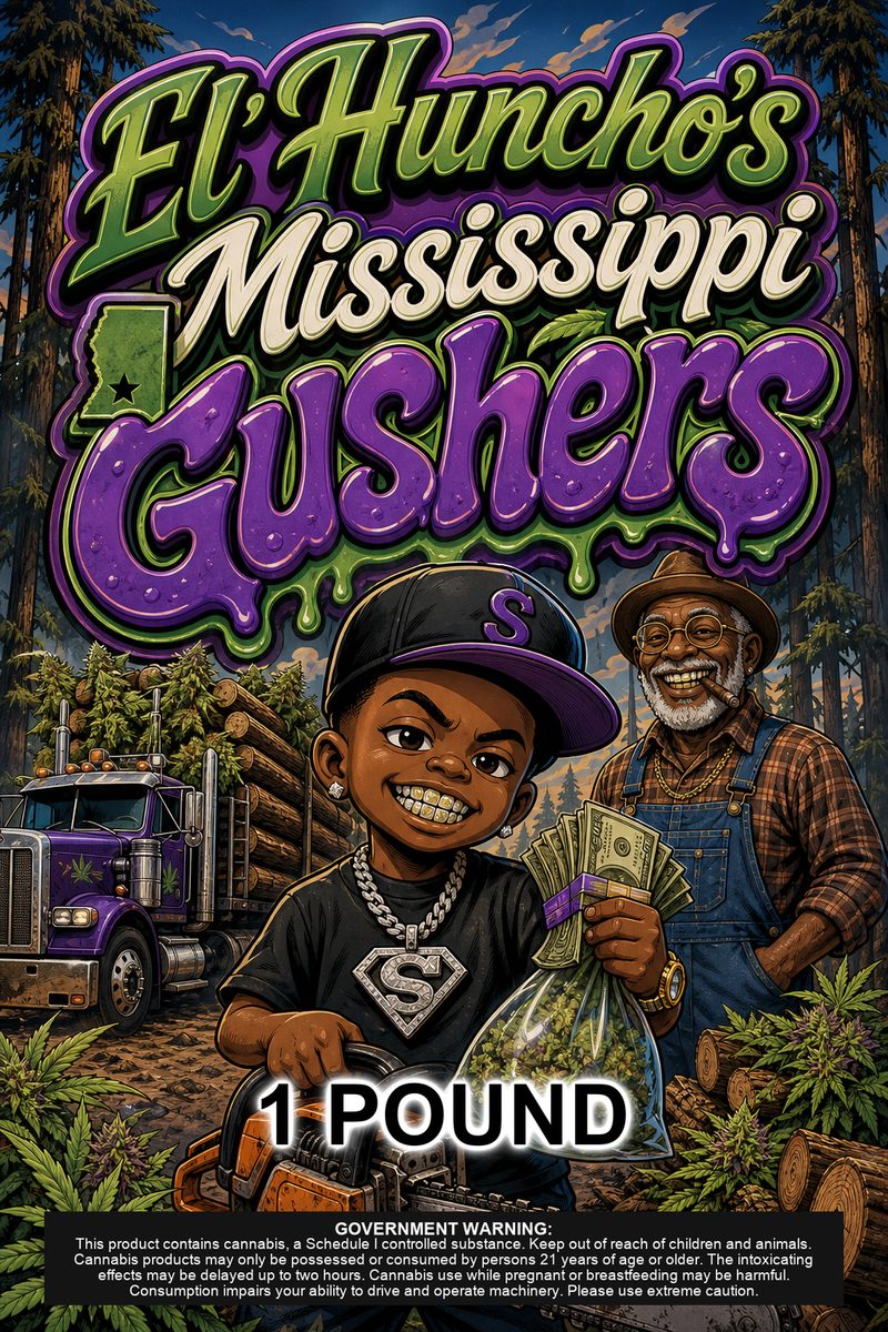 El'Huncho's Mississippi Gushers custom 6x9 pound bag sticker / turkey-bag flavor label