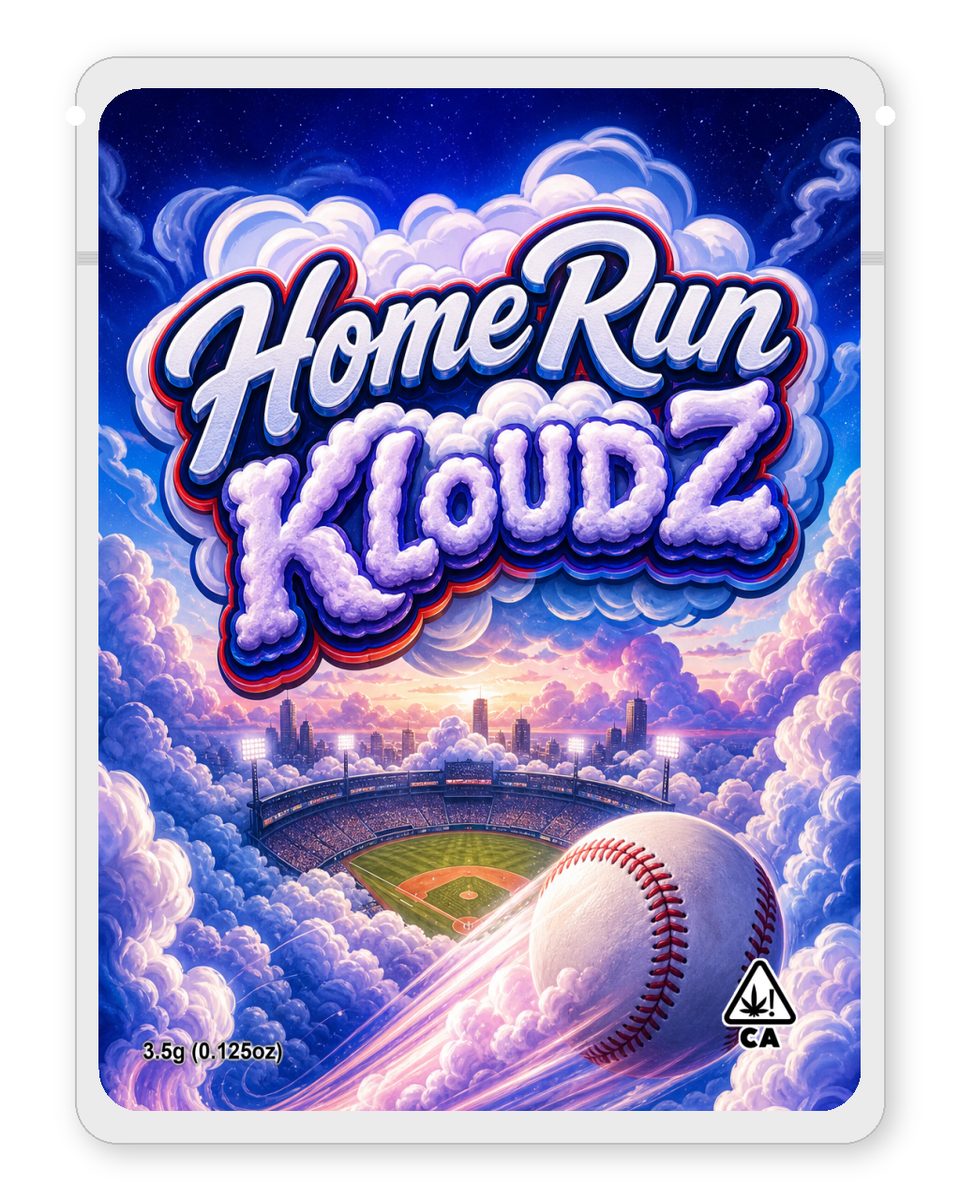 HomeRun Kloudz custom 4"x5" mylar bag design (front)
