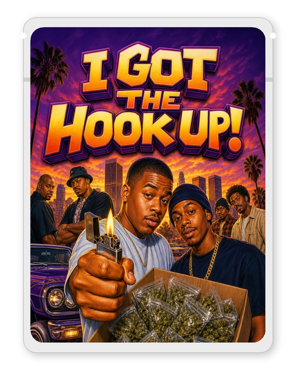 I GOT THE HOOK UP! custom 4"x5" mylar bag design (front)