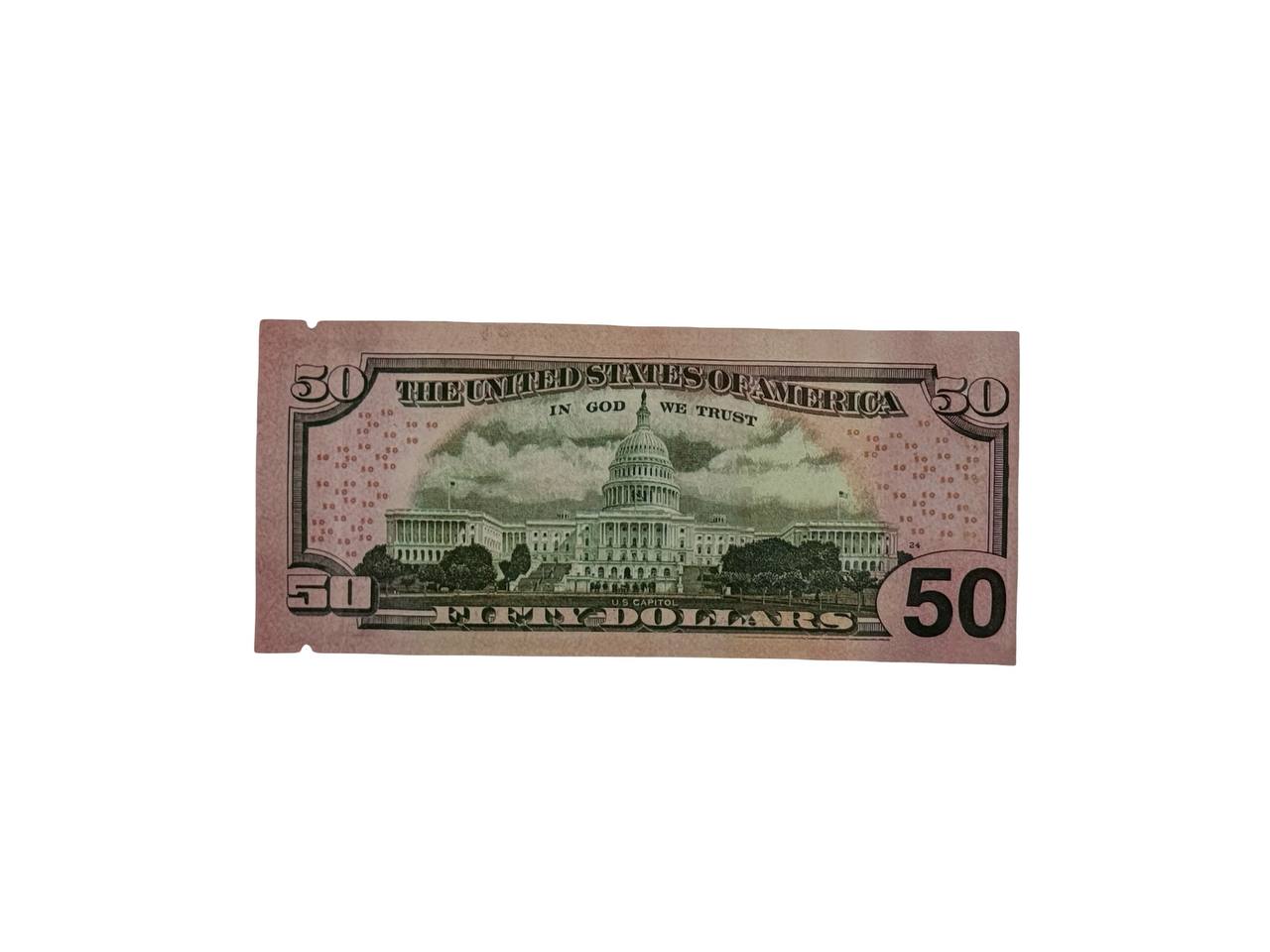 Fifty Dollar Bill 3.5g mylar bag back — US Capitol building vignette with bold pink 50 denomination, Federal Reserve Note-style design