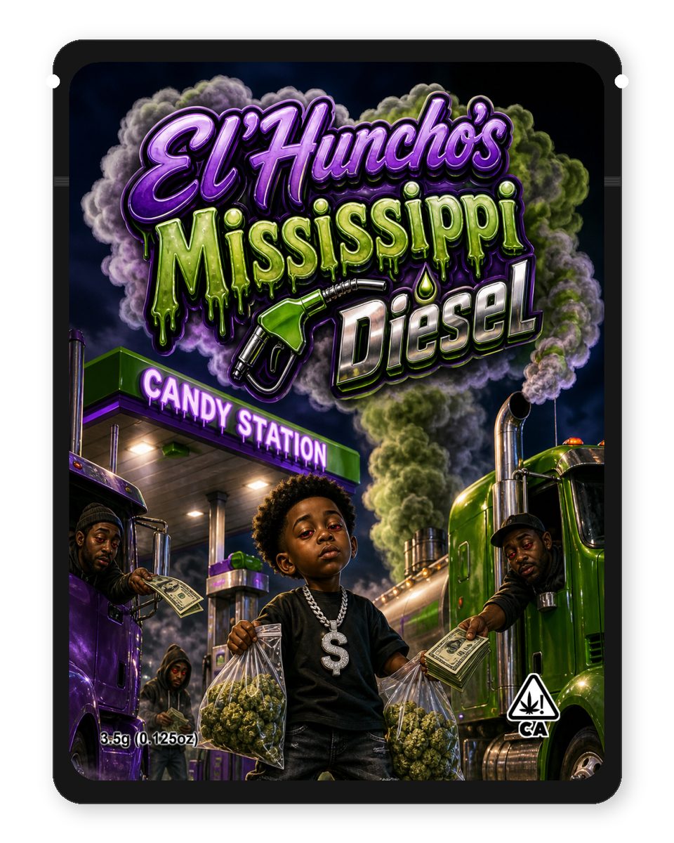 El'Huncho's Mississippi ⛽ Diesel custom 4"x5" mylar bag design (front)