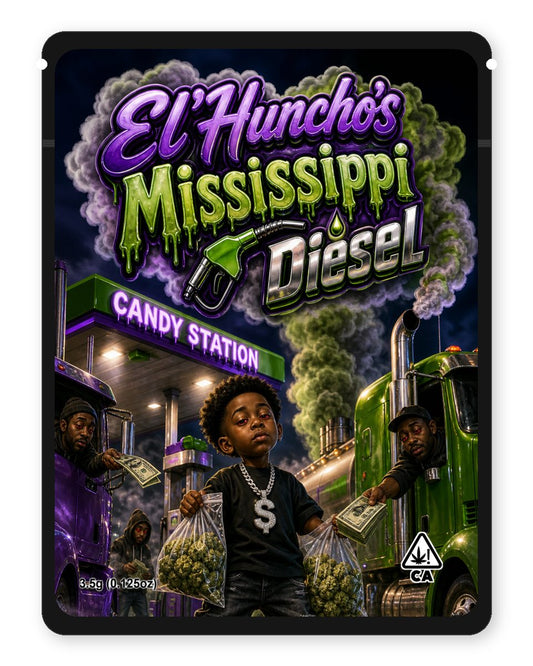 El'Huncho's Mississippi ⛽ Diesel custom 4"x5" mylar bag design (front)