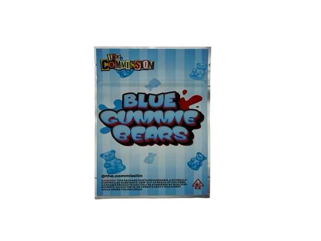 Blue Gummie Bears retro 3.5g mylar bag front design — light blue candy-stripe background with gummy bear graphics and bubble lettering