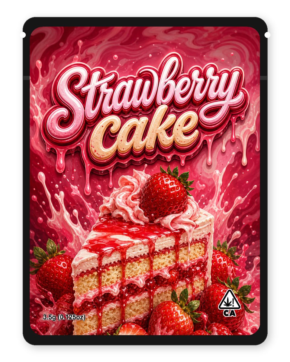 Strawberry cake custom 4"x5" mylar bag design (front)