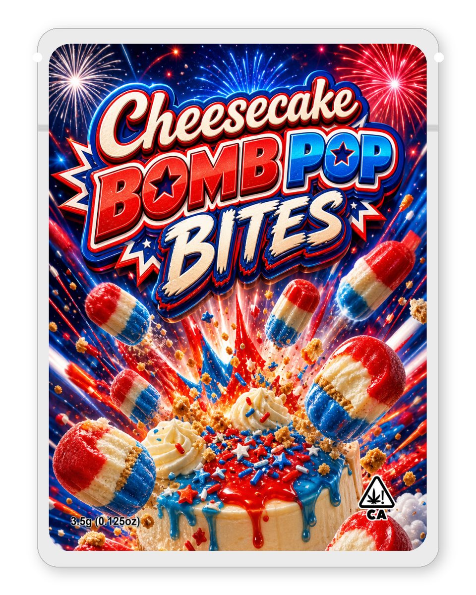 Cheesecake Bomb Pop Bites custom 4"x5" mylar bag design (front)