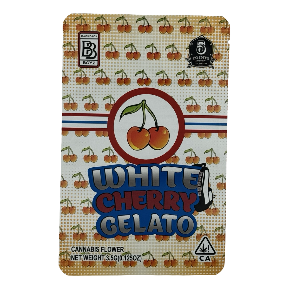 White Cherry Gelato (Retro) Mylar Bags 3.5g Backpack Boyz — 3.5g pre-printed mylar bag — front