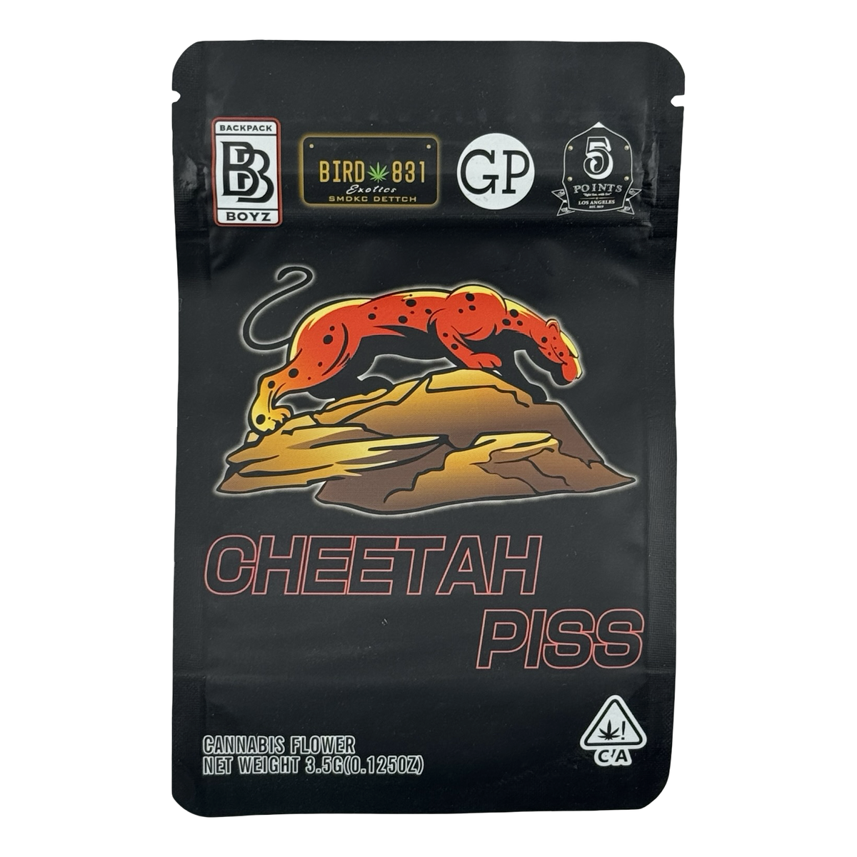 Cheetah Piss (Retro) Mylar Bags 3.5g Backpack Boyz — 3.5g pre-printed mylar bag — front