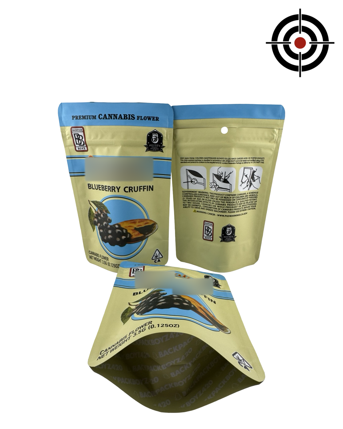 Blueberry Cruffin (Retro) Mylar Bags 3.5g Backpack Boyz — 3.5g pre-printed mylar bag — front, back & gusset