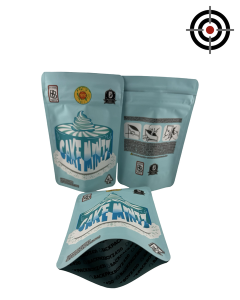 Cake Mintz (Retro) Mylar Bags 3.5g Backpack Boyz — 3.5g pre-printed mylar bag — front, back & gusset