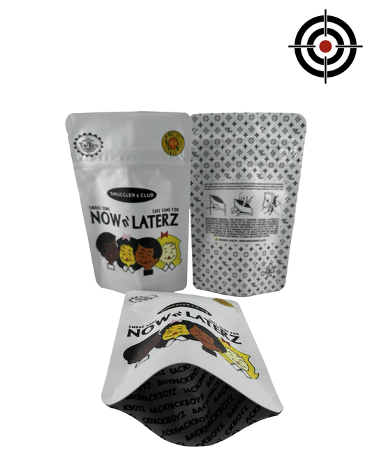 Now n Laterz (Retro) Mylar Bags 3.5g Backpack Boyz — 3.5g pre-printed mylar bag — front, back & gusset