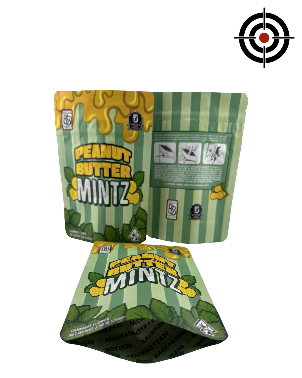 Peanut Butter Mintz (Retro) Mylar Bags 3.5g Backpack Boyz — 3.5g pre-printed mylar bag — front, back & gusset