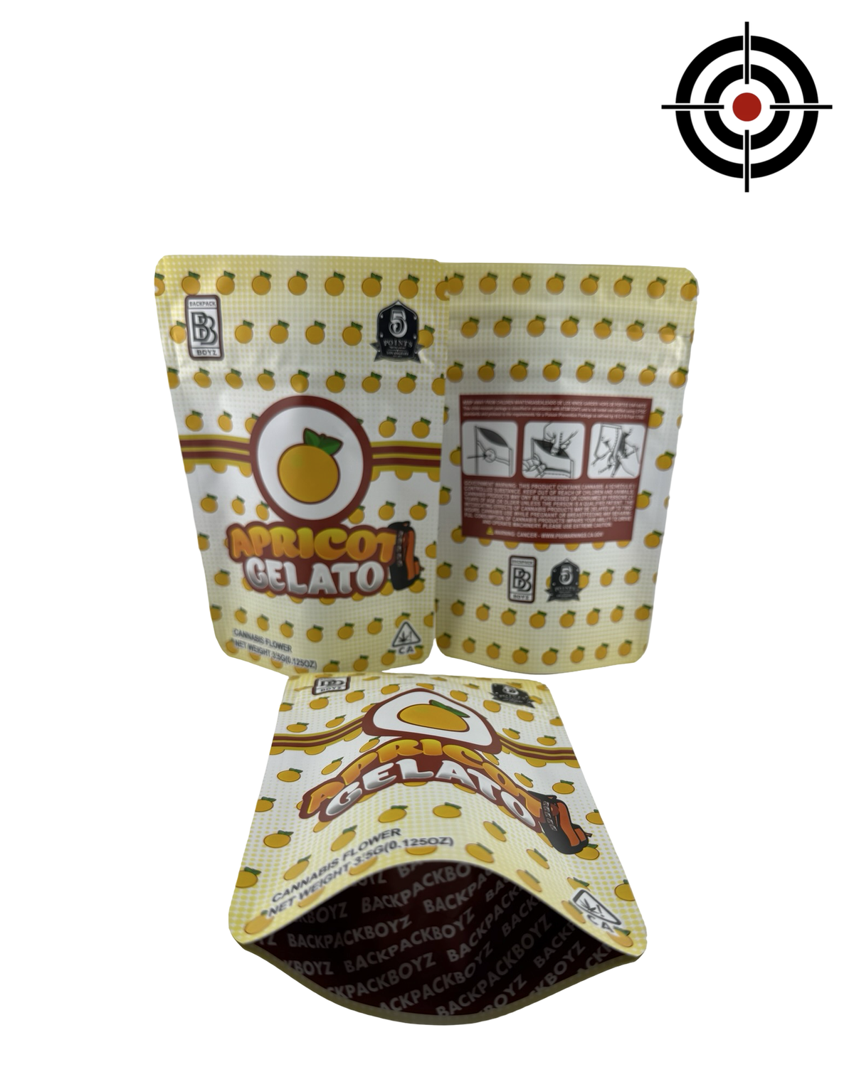 Apricot Gelato (Retro) Mylar Bags 3.5g Backpack Boyz — 3.5g pre-printed mylar bag — front, back & gusset