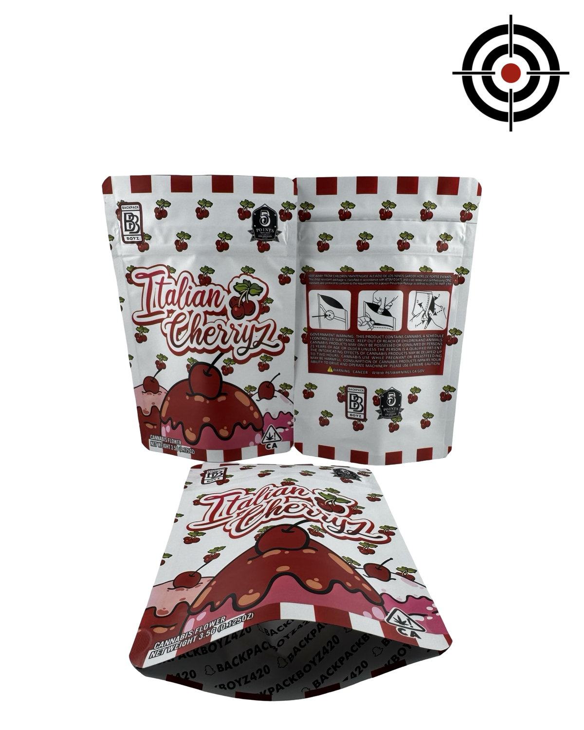 Italian Cherryz (Retro) Mylar Bags 3.5g Backpack Boyz — 3.5g pre-printed mylar bag — front, back & gusset