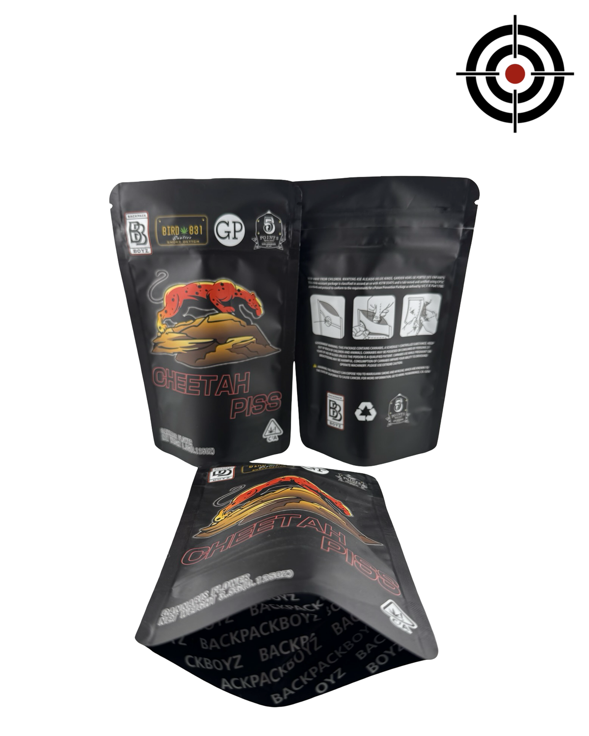 Cheetah Piss (Retro) Mylar Bags 3.5g Backpack Boyz — 3.5g pre-printed mylar bag — front, back & gusset