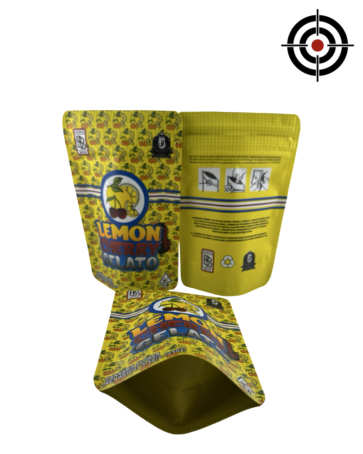 Lemon Cherry Gelato (Retro) Mylar Bags 3.5g Backpack Boyz — 3.5g pre-printed mylar bag — front, back & gusset