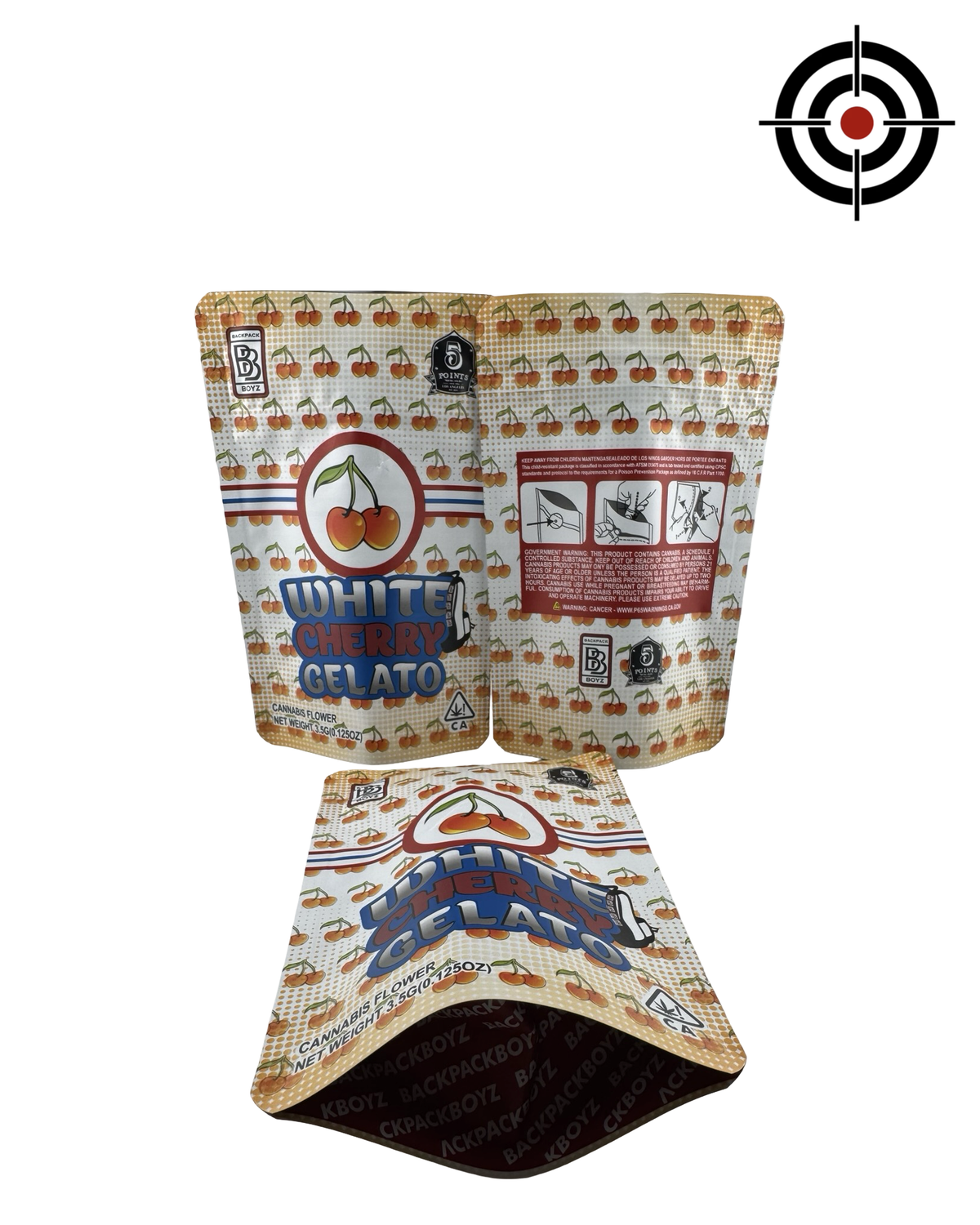 White Cherry Gelato (Retro) Mylar Bags 3.5g Backpack Boyz — 3.5g pre-printed mylar bag — front, back & gusset