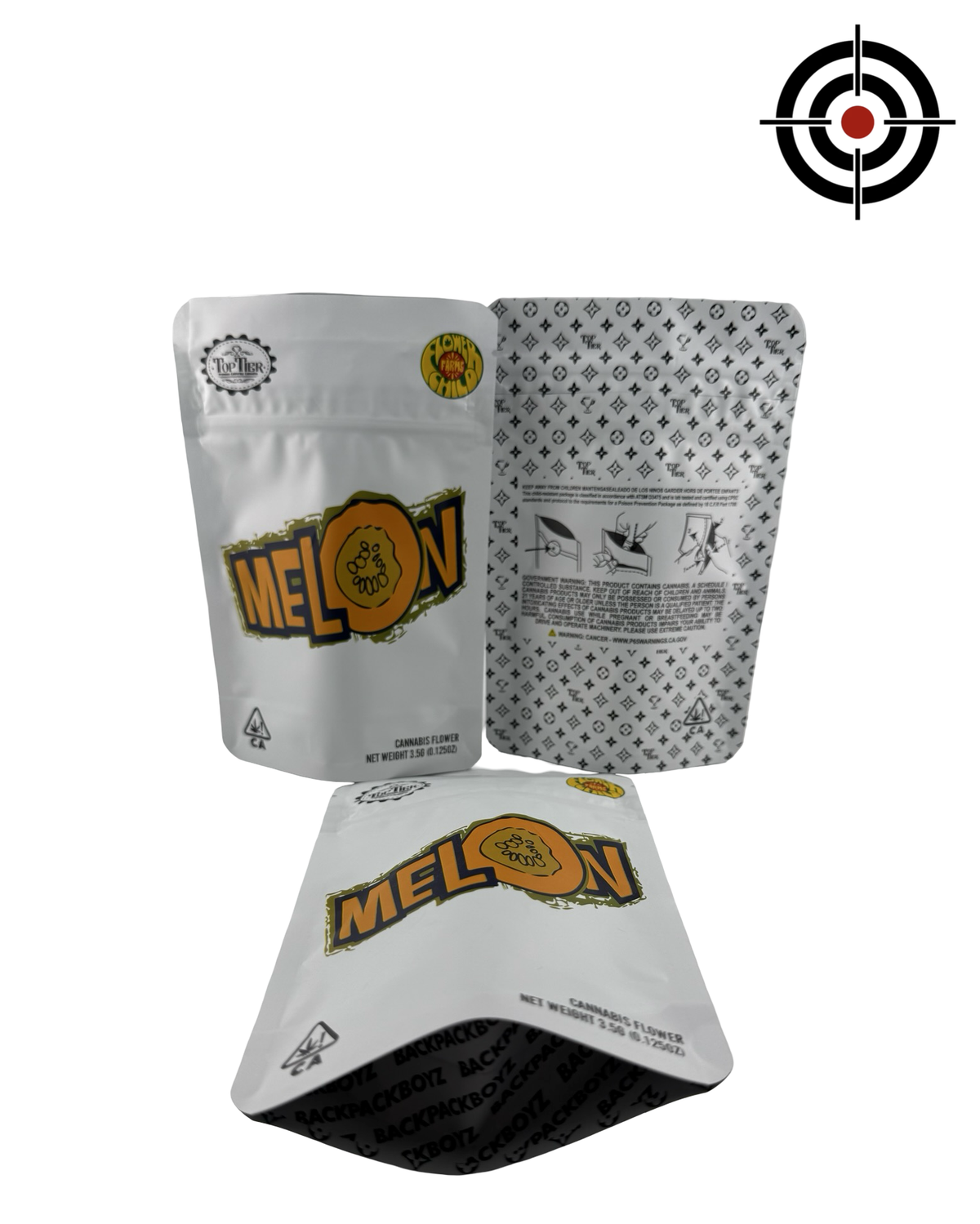 Melon (Retro) Mylar Bags 3.5g Backpack Boyz — 3.5g pre-printed mylar bag — front, back & gusset