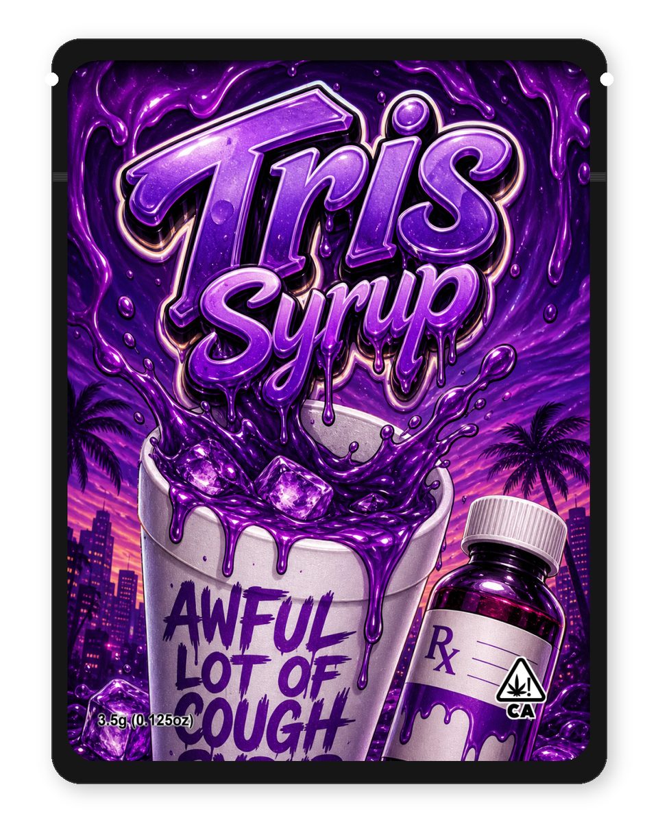 Tris Syrup custom 4"x5" mylar bag design (front)