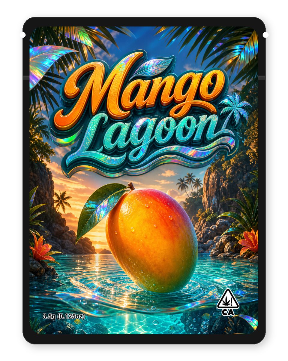 Mango Lagoon custom 4"x5" mylar bag design (front)