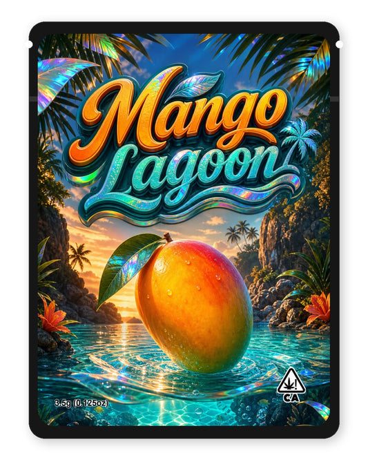 Mango Lagoon custom 4"x5" mylar bag design (front)