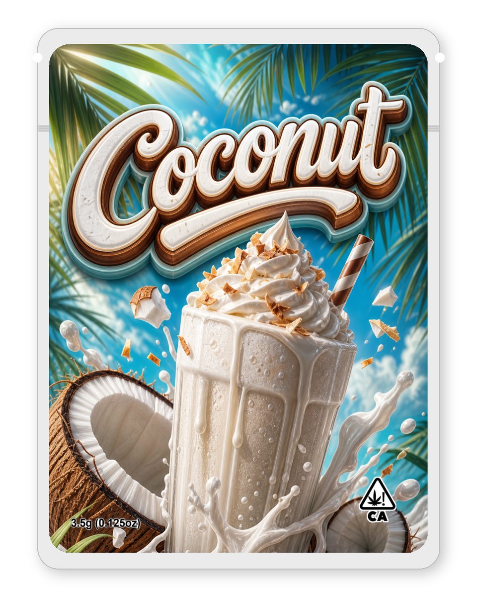 Coconut custom 4"x5" mylar bag design (front)
