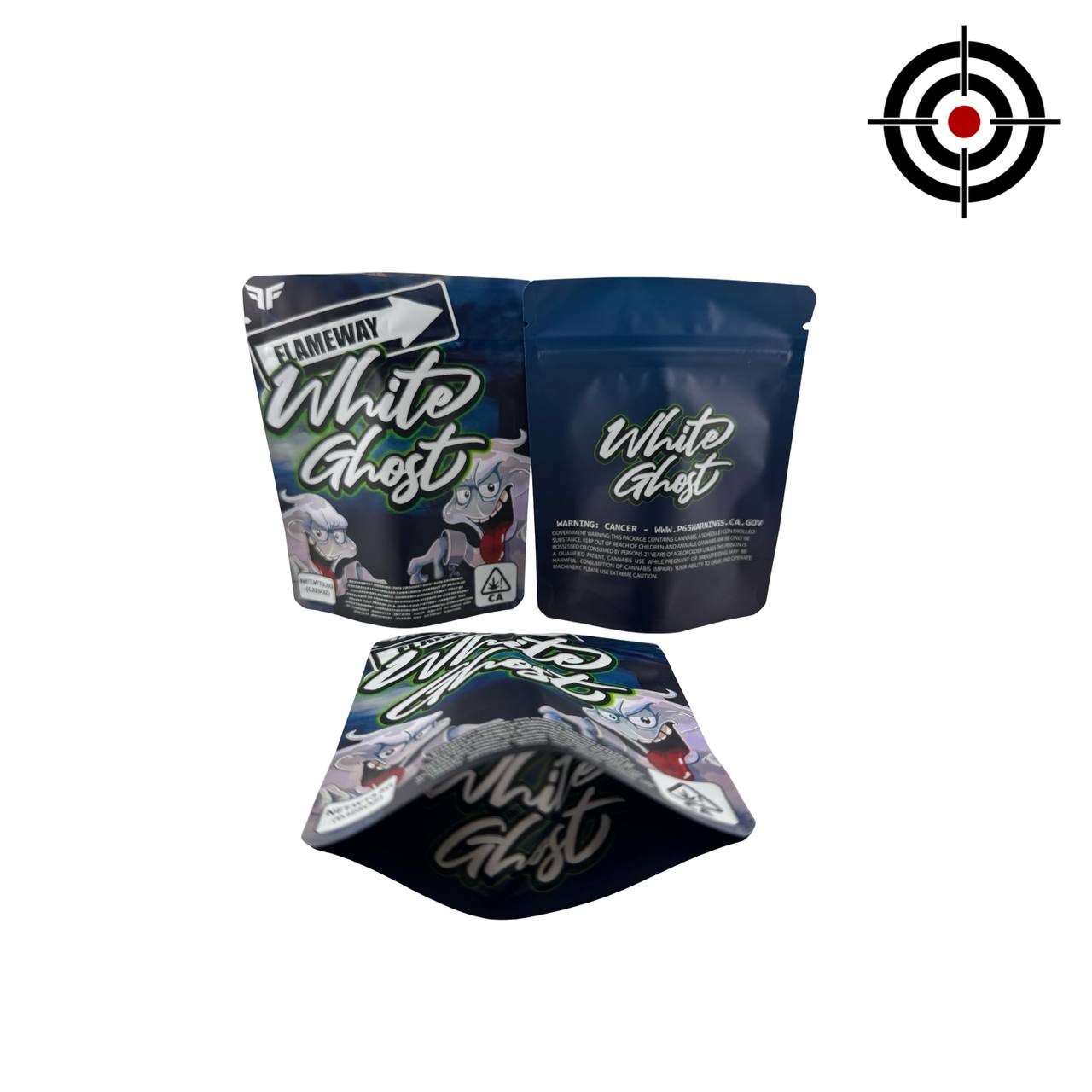 White Ghost 3.5g mylar bags — front, back, and printed gusset views showing full-coverage navy gradient ghost artwork