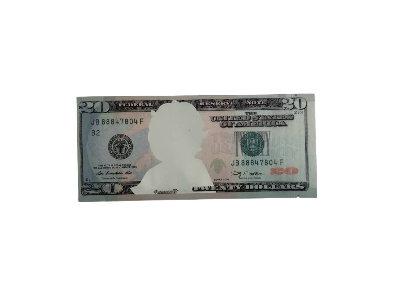 Twenty Dollar Bill 3.5g mylar bag front — green and peach US $20 Federal Reserve Note print with die-cut Andrew Jackson viewing window and Treasury seal