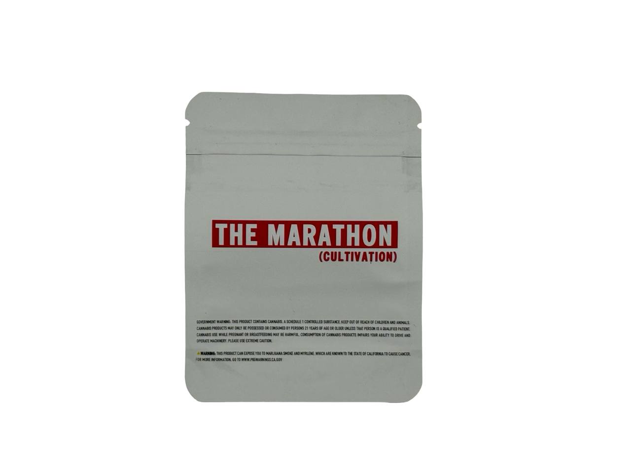 Opulence 3.5g mylar bag back design — bold red branding block on soft-touch matte white resealable child-proof pouch