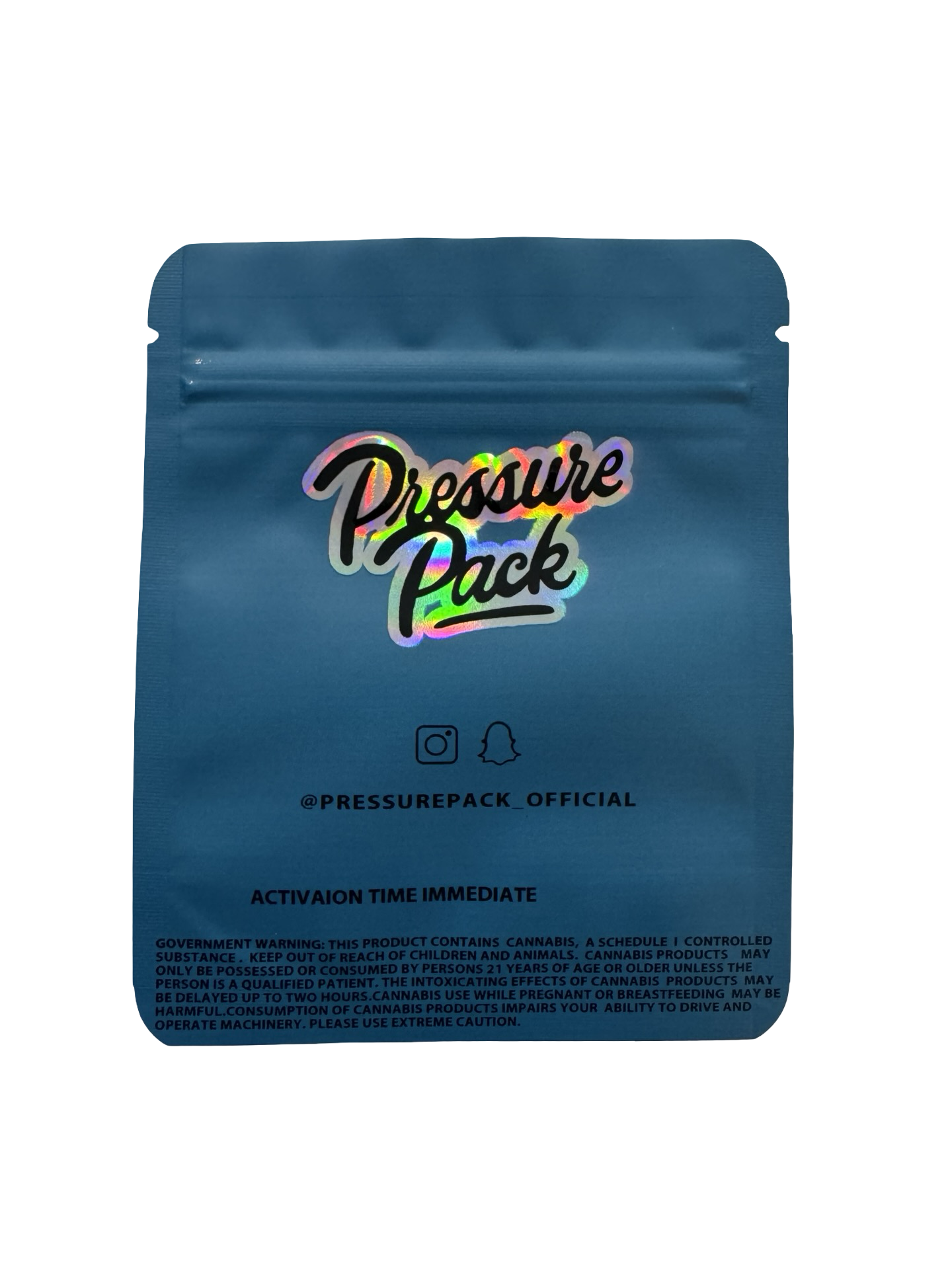 Blue Sherbet 3.5g mylar bag, 4×5 in — Pressure Pack — back with zipper, tear notch
