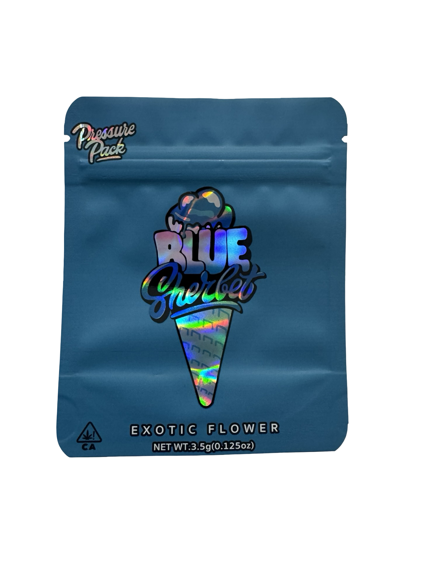 Blue Sherbet 3.5g mylar bag, 4×5 in — Pressure Pack, holographic with spot-UV — front