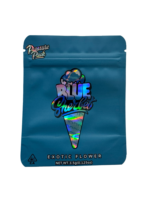 Blue Sherbet 3.5g mylar bag, 4×5 in — Pressure Pack, holographic with spot-UV — front