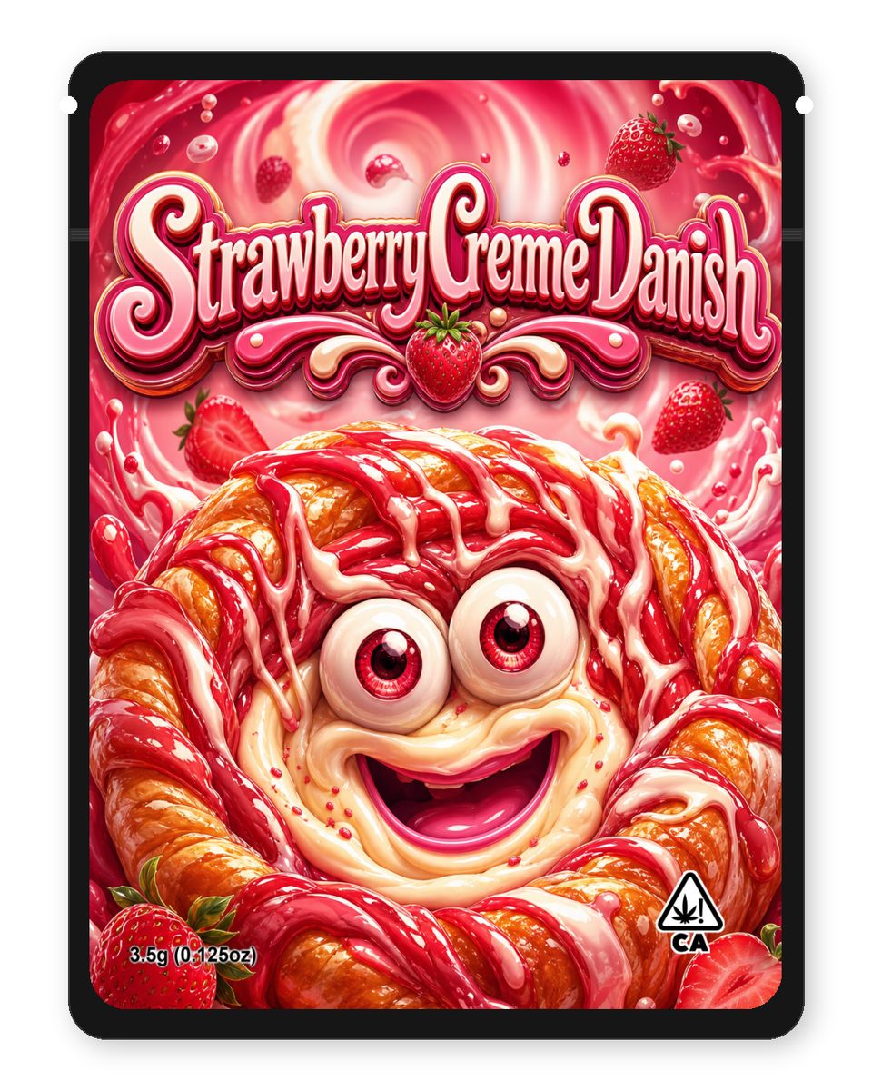 StrawberryCremeDanish custom 4"x5" mylar bag design (front)