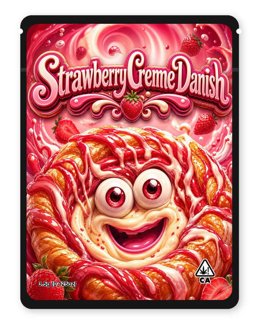 StrawberryCremeDanish custom 4"x5" mylar bag design (front)