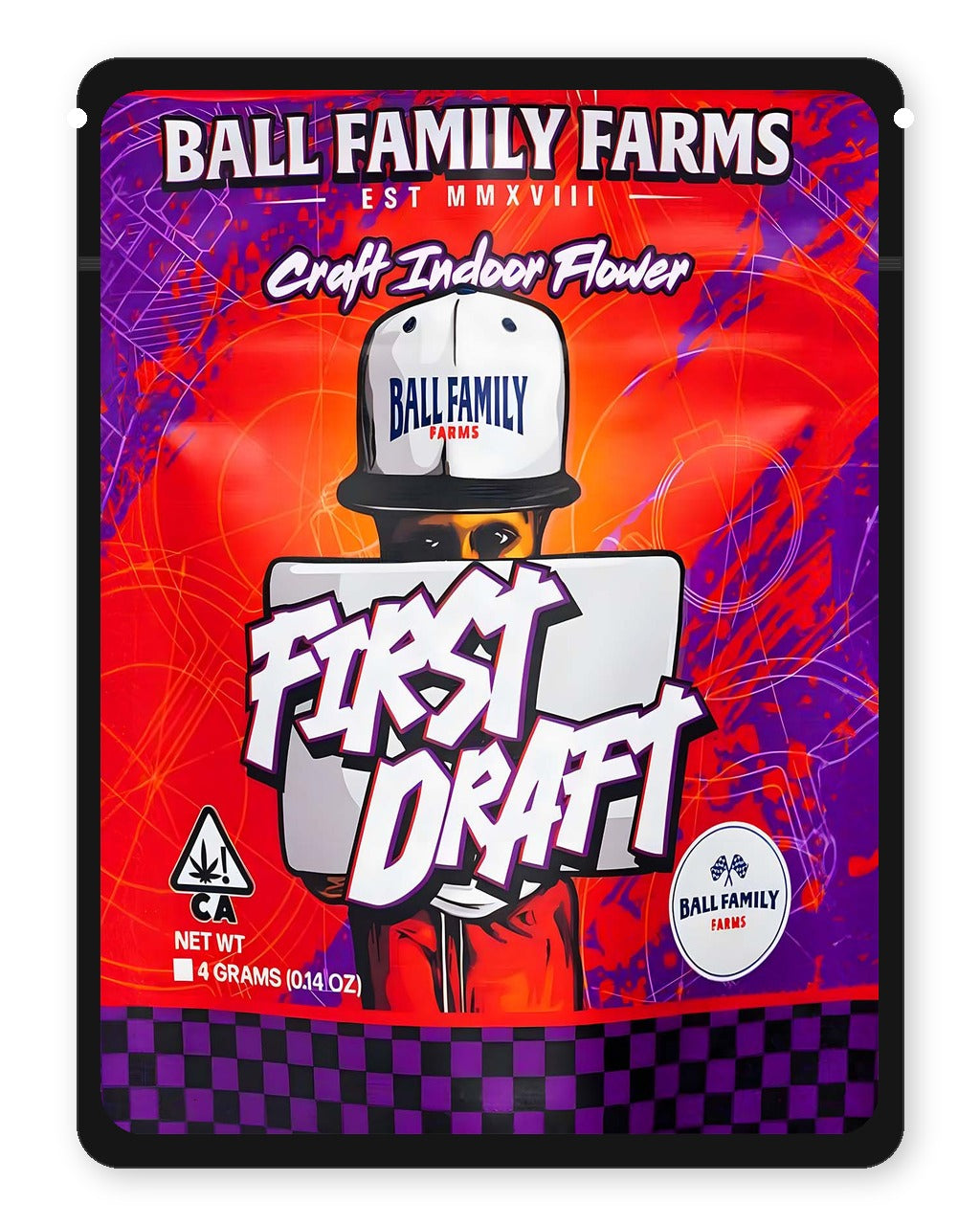 First Draft 3.5g Mylar Sticker Bags Ball Family Farms - Front Design