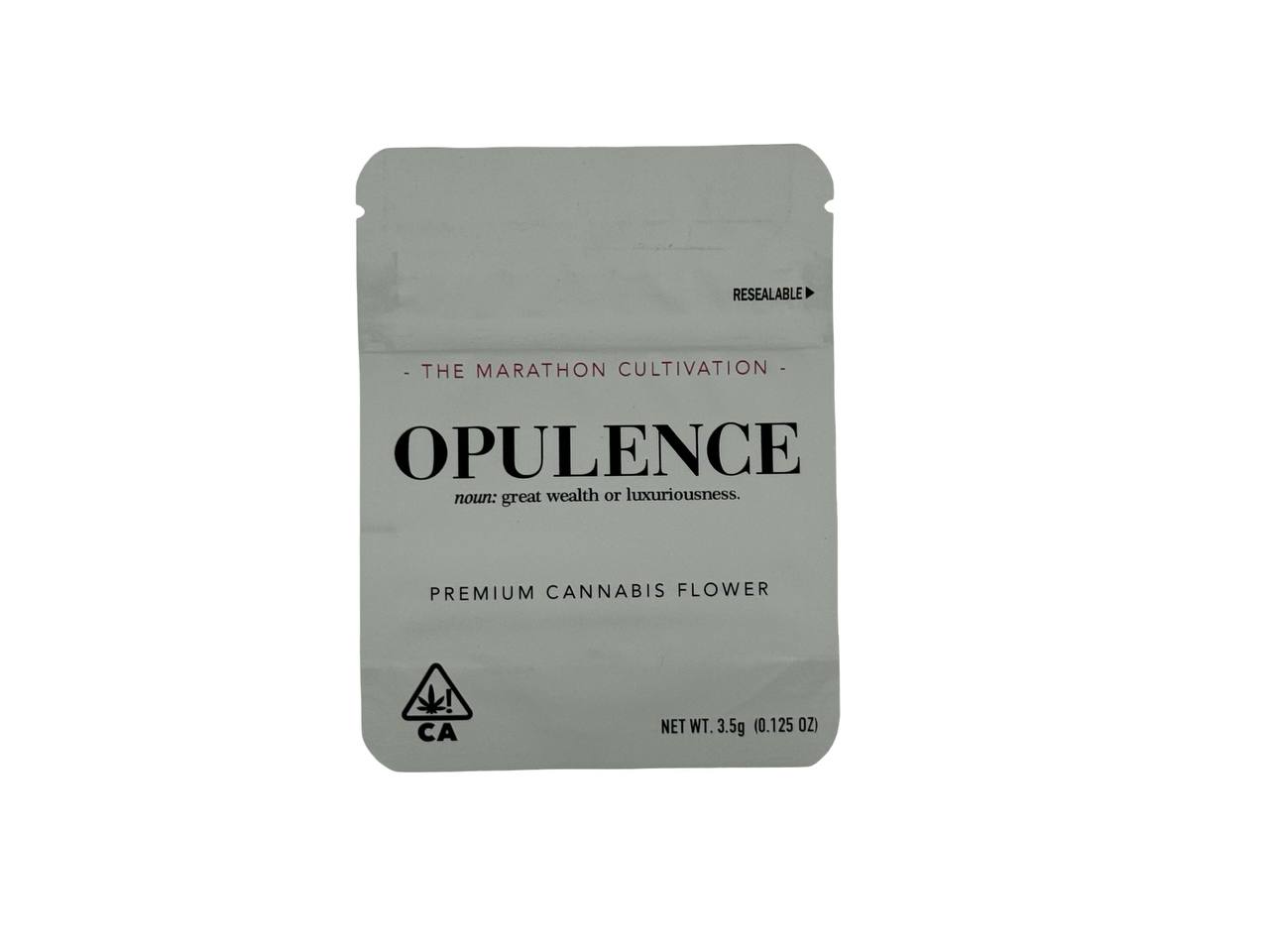 Opulence 3.5g mylar bag front design — soft-touch matte white finish with premium bold serif OPULENCE typography