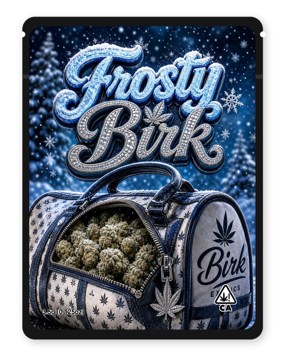 Frosty Birk custom 4"x5" mylar bag design (front)
